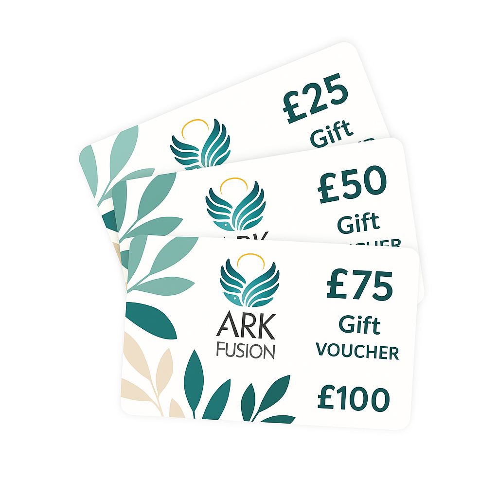 ARK Fusion gift vouchers displayed in a fan layout, each featuring rounded corners, botanical leaf patterns in soft green, teal, and beige tones. Each card shows a monetary value: £25, £50, £75, and £100, with the ARK Fusion logo prominently displayed in dark teal.