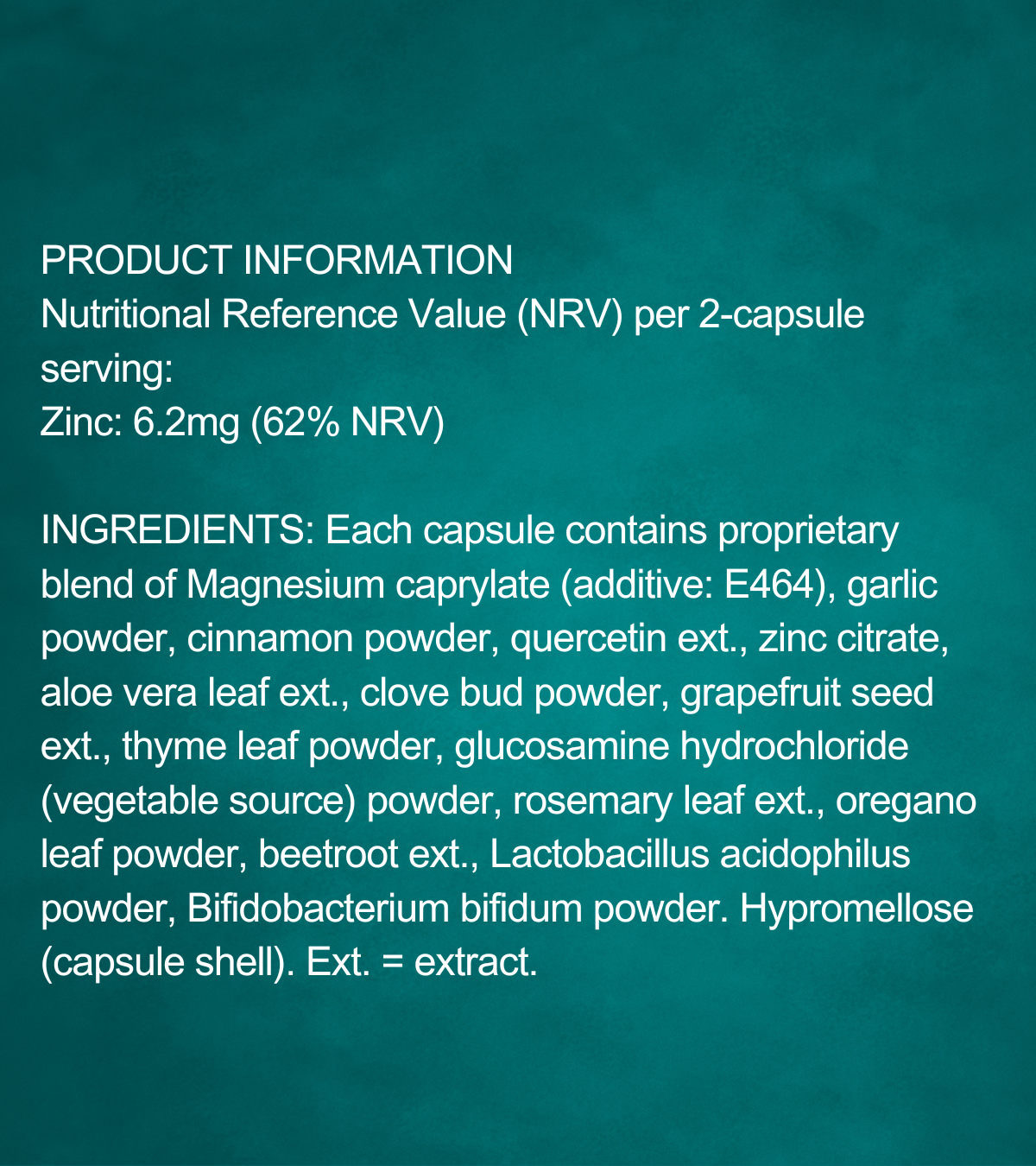 A stylised ingredient breakdown graphic for Candida Pro with a deep green textured background. It lists the active components, including magnesium caprylate, garlic, cinnamon, zinc citrate, herbal extracts, and probiotics such as Lactobacillus acidophilus and Bifidobacterium bifidum.