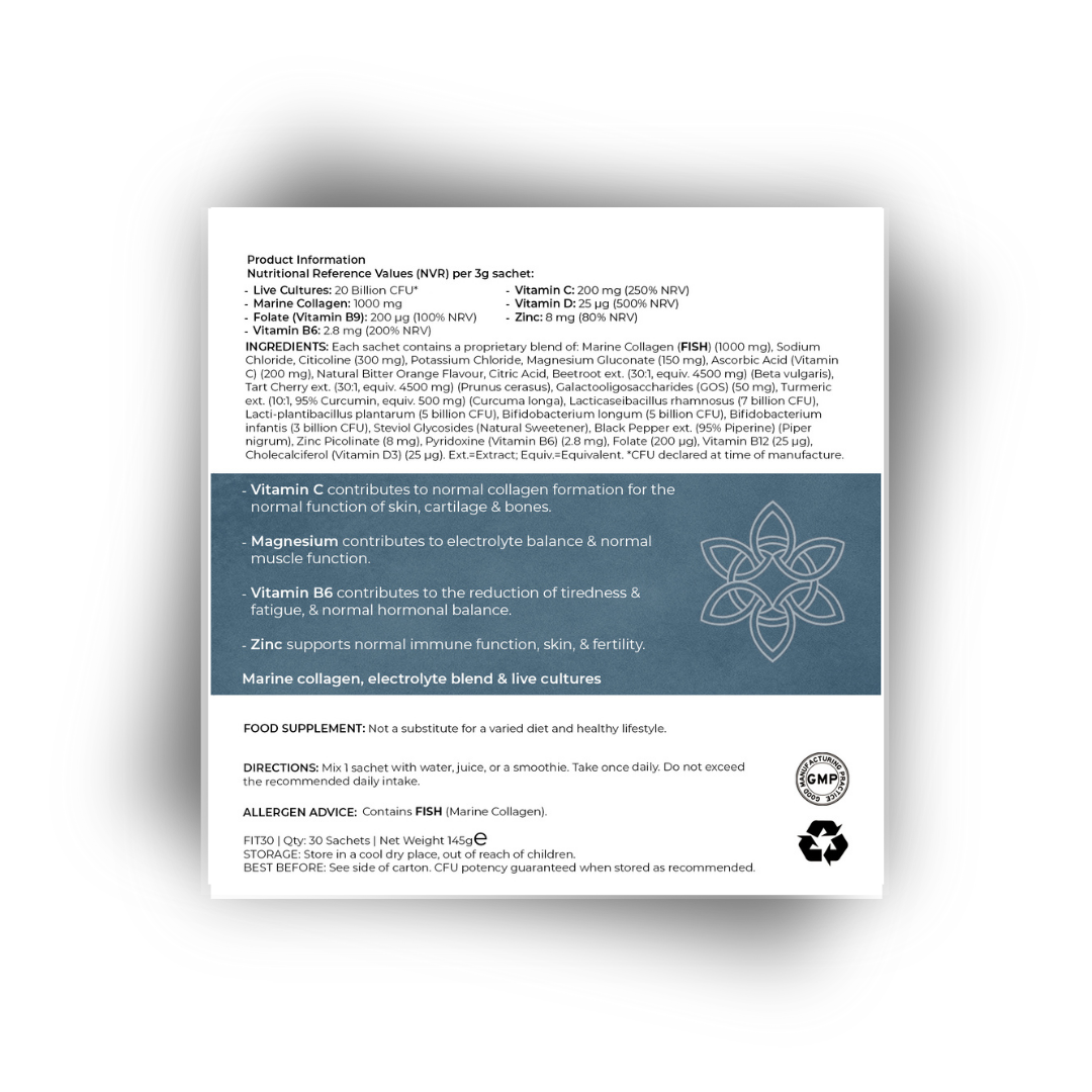 Back label of ARK Fusion FIT Pro showing nutritional information, probiotic strains, collagen, vitamins, minerals, and allergen advice. Highlights benefits of vitamin C, magnesium, B6, and zinc for skin, muscle, and immune function.
