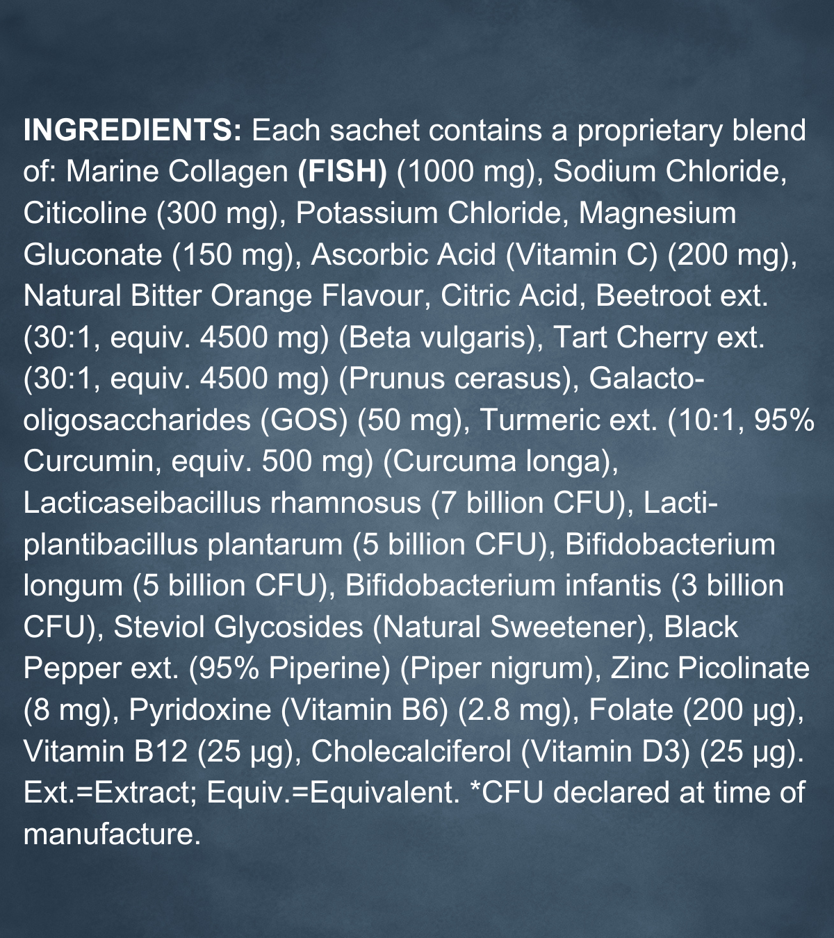 Close-up of FIT Pro supplement ingredients list detailing marine collagen, live cultures, turmeric, beetroot, tart cherry, vitamins B6, B12, D3, C, and minerals. Notes natural flavouring and allergen information including fish.