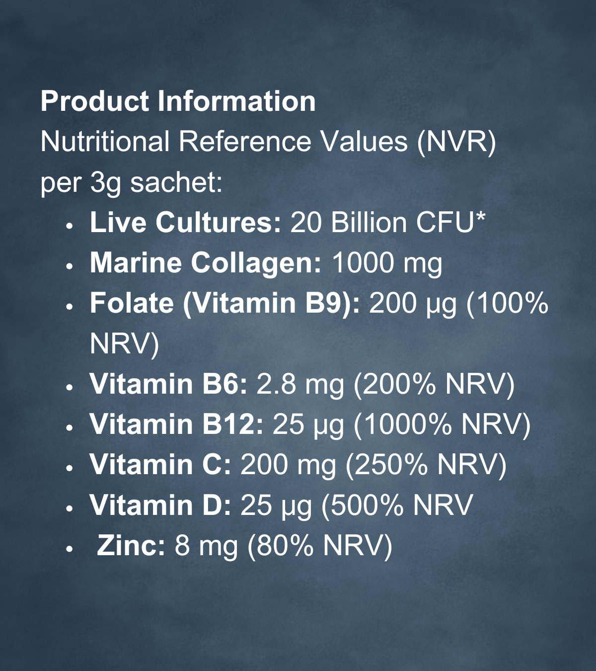 Close-up image of FIT Pro’s nutritional reference values per 3g sachet, including 20 billion CFU live cultures, 1000 mg marine collagen, and high percentages of vitamins B6, B9, B12, C, D, and zinc.