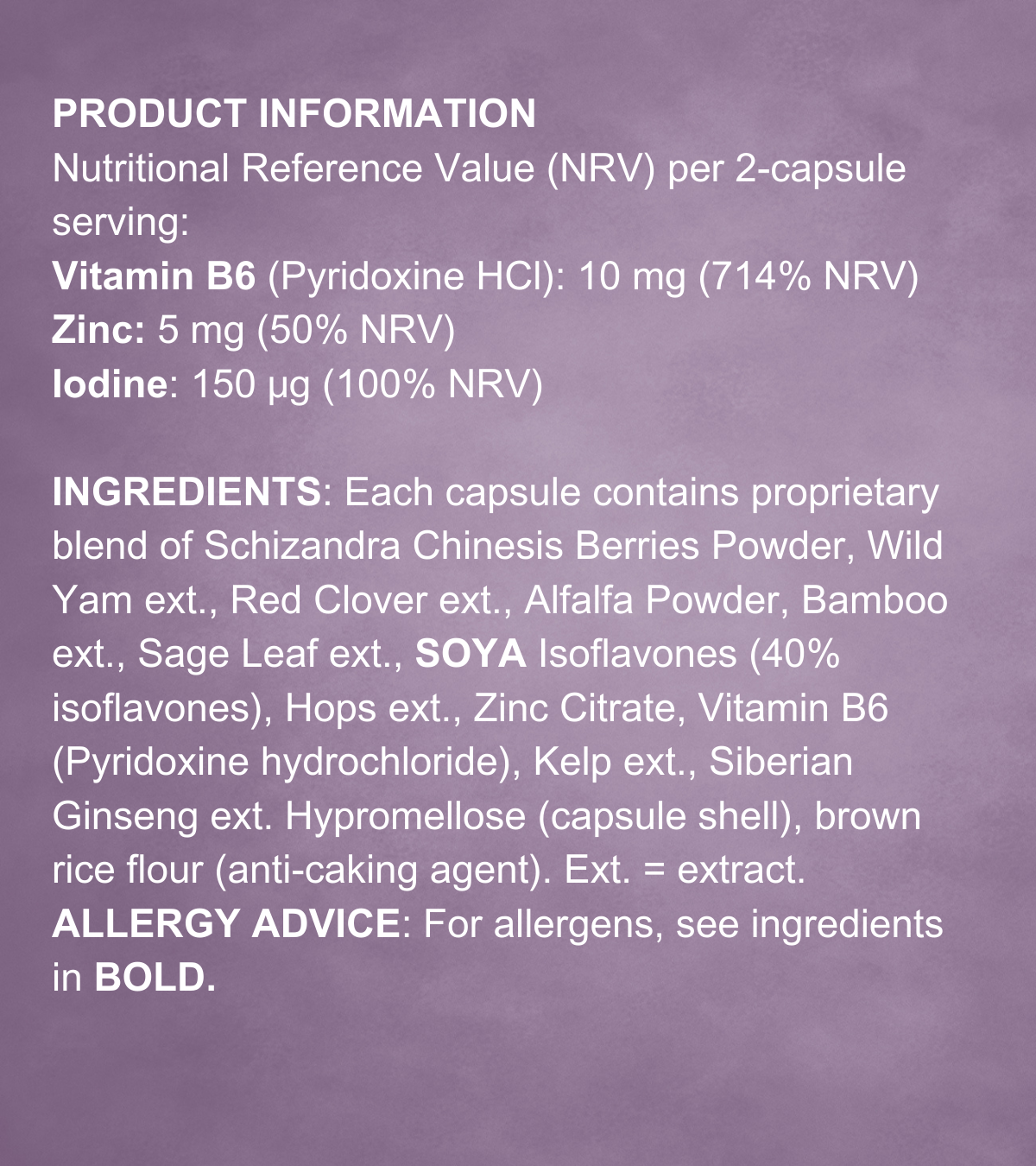 Zoomed-in view of the Harmony product information panel, with bold text displaying nutritional values and ingredients. Highlighted nutrients include Vitamin B6 (714% NRV), Zinc (50% NRV), and Iodine (100% NRV), with allergen advice at the bottom.