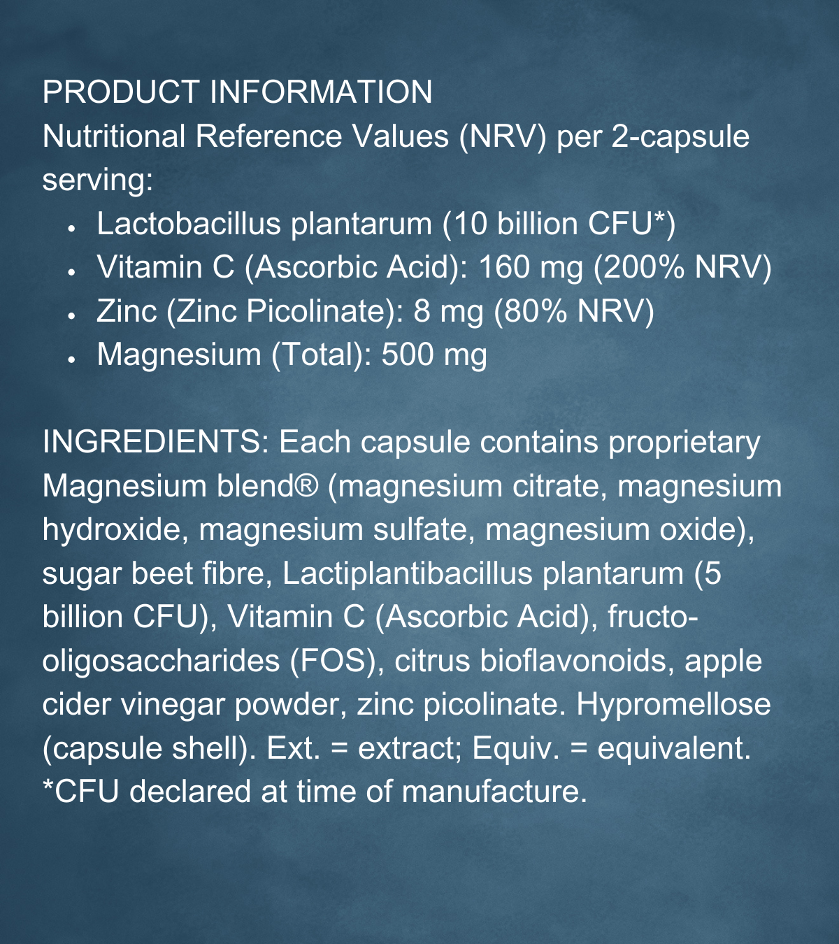 Close-up text panel showing 10 billion CFU, 500 mg magnesium, and immune-supporting nutrients like zinc and vitamin C.