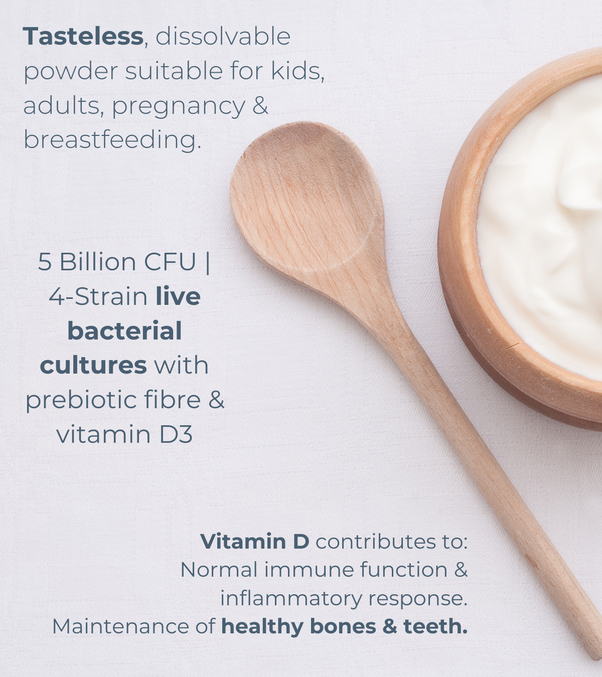 Lifestyle flatlay image featuring a wooden spoon and ceramic bowl of yoghurt alongside text describing the benefits of ARK Fusion IMMU ProBio—highlighting tasteless, dissolvable powder with 5 billion CFU, vitamin D3, and prebiotic fibre.