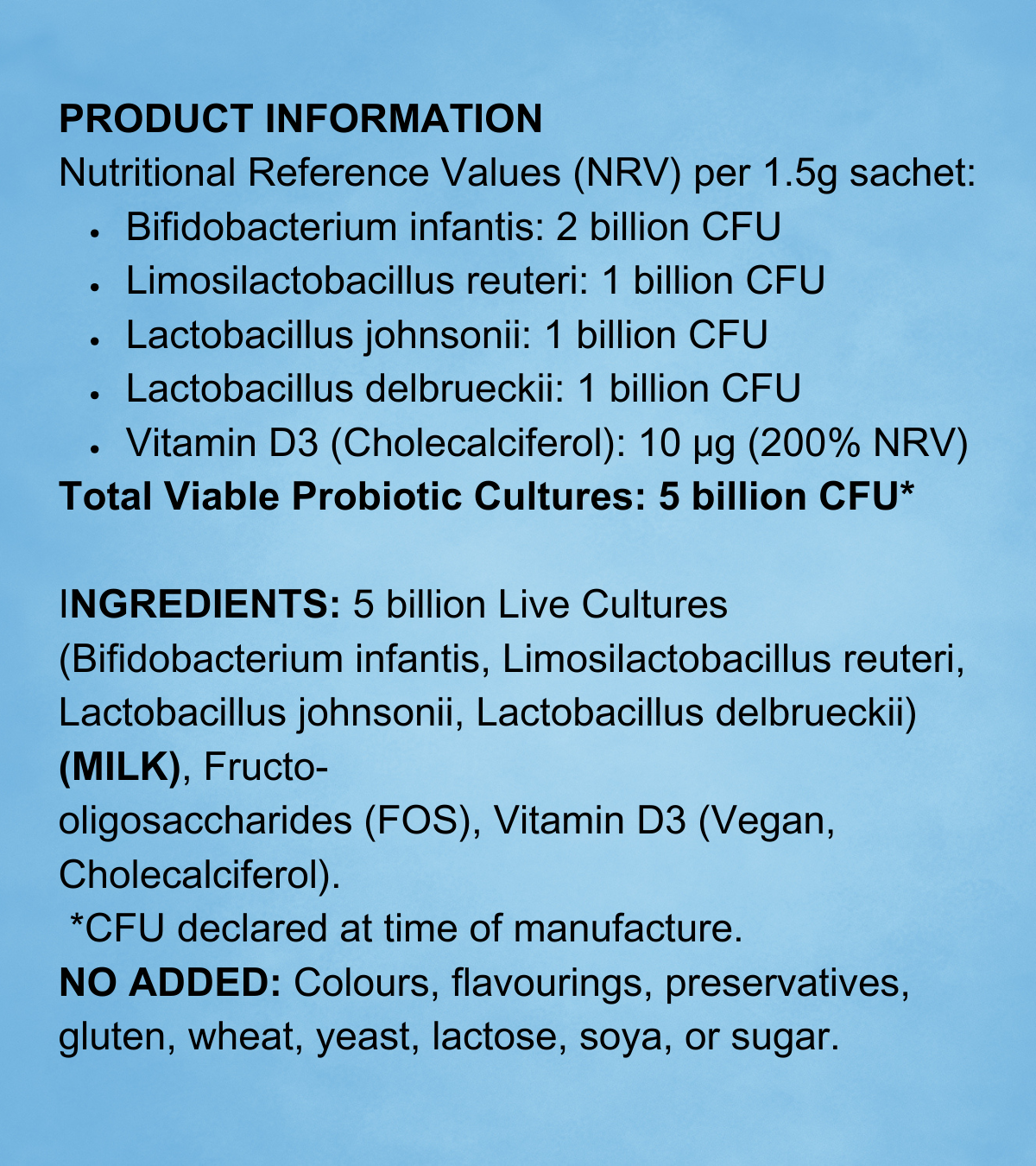 Detailed nutritional information graphic for ARK Fusion IMMU ProBio showing CFU counts for four probiotic strains, vitamin D3 dosage, and ingredient list including prebiotic FOS. Notes allergen info and absence of artificial additives.