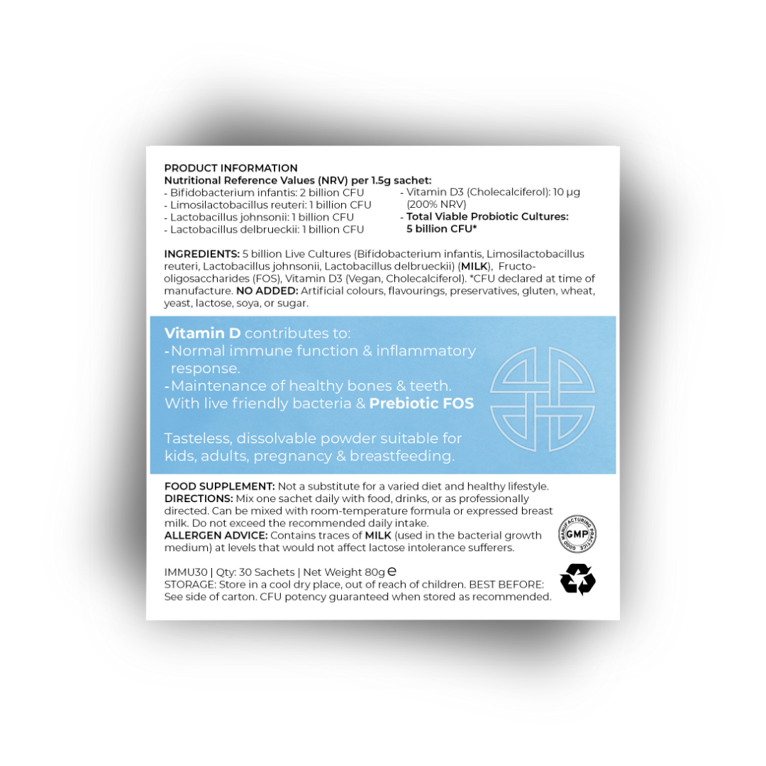 Back label of ARK Fusion IMMU ProBio supplement box displaying probiotic strains, ingredients, vitamin D content, and allergen advice. Includes health claims, usage directions, and suitability for pregnancy, breastfeeding, and children.