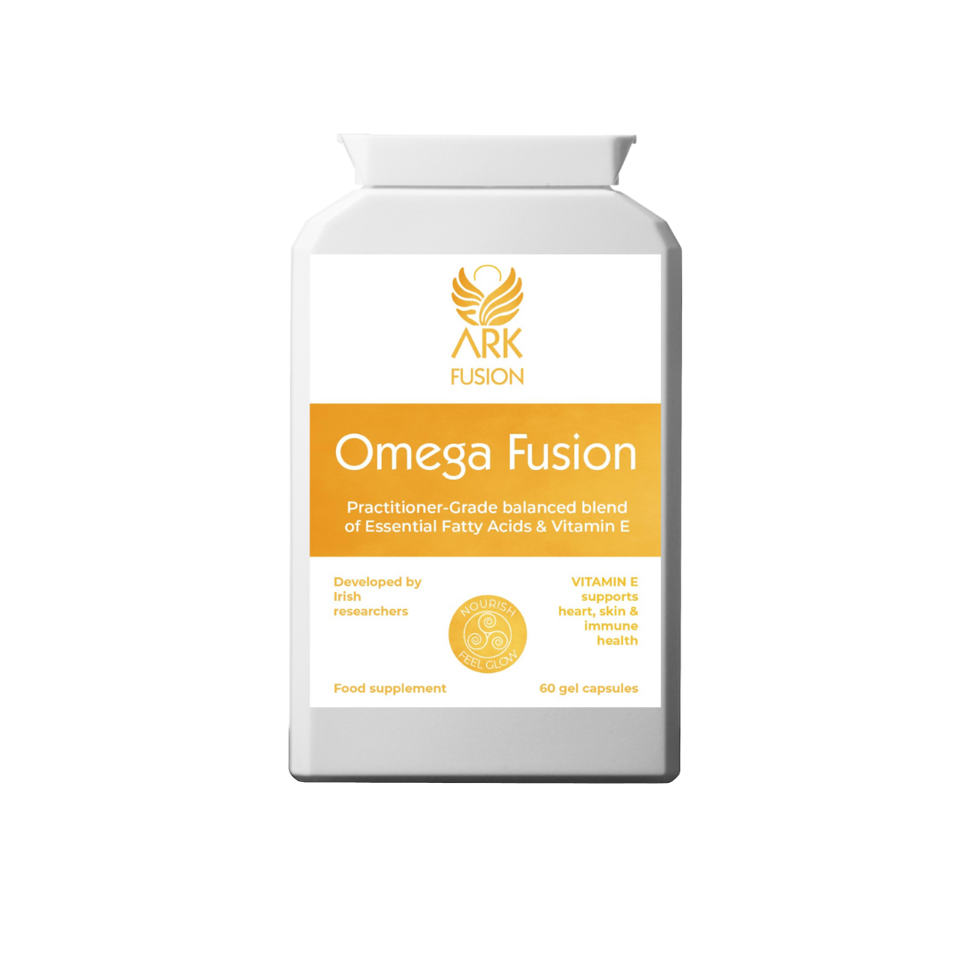 Front view of ARK Fusion Omega Fusion supplement bottle. Label states ‘Practitioner-grade balanced blend of Essential Fatty Acids & Vitamin E.’ Highlights benefits for heart, skin, and immune health with 60 gel capsules.