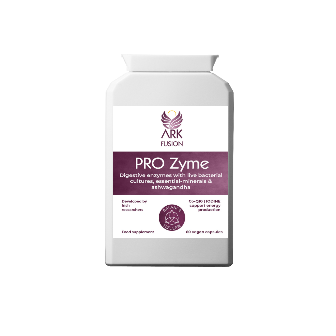 Front view of a white supplement bottle labeled "ARK Fusion PRO Zyme". The label features a deep purple band with the product name and description: "Digestive enzymes with live bacterial cultures, essential minerals & ashwagandha". The ARK Fusion logo appears at the top, and icons at the bottom read "Developed by Irish researchers" and "Co-Q10 | IODINE support energy production".