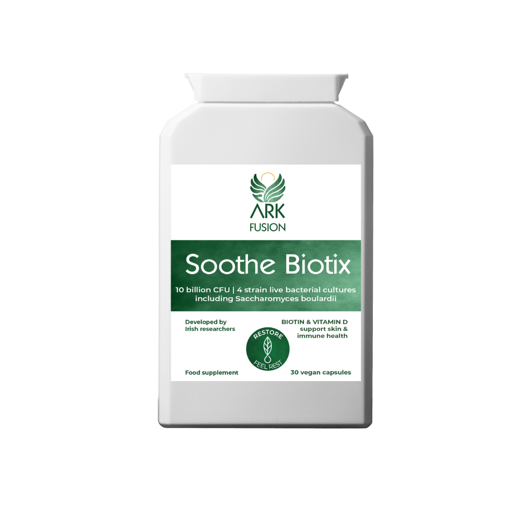 Front view of ARK Fusion Soothe Biotix bottle, featuring a green label. Highlights include "10 billion CFU," 4-strain live bacterial cultures including Saccharomyces boulardii, biotin and vitamin D for skin and immune health, with icons and taglines: “Restore” and “Feel Rest."