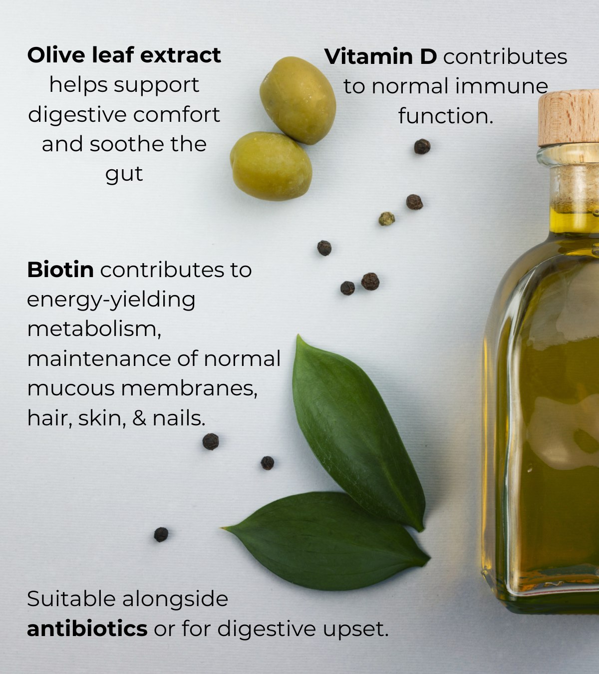 Lifestyle image for Soothe Biotix featuring olives, olive oil, peppercorns and green leaves. Text overlay outlines benefits of olive leaf extract, biotin, and vitamin D for immune support, gut health, and skin, hair, and nails.