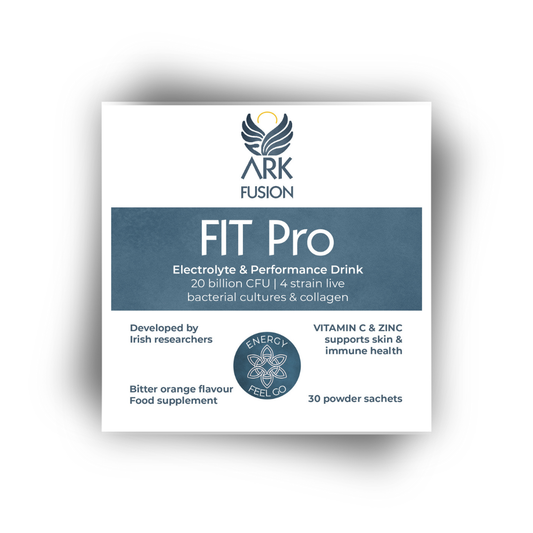 Front packaging of ARK Fusion FIT Pro featuring a navy-blue label and white branding. Describes product as an electrolyte and performance drink with collagen, 20 billion CFU probiotics, and support for skin and immune health.