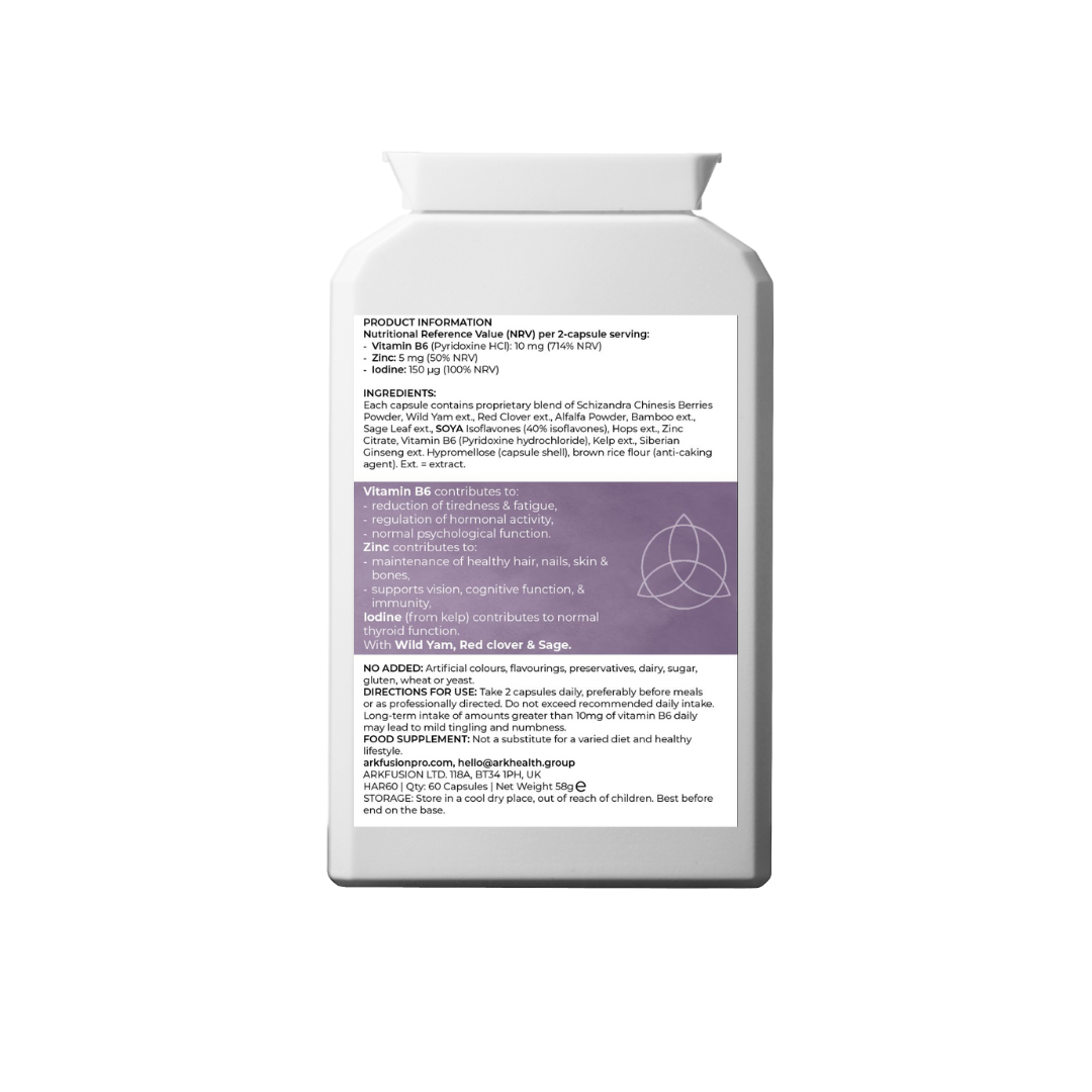 Back of the ARK Fusion Harmony product bottle. Label shows ingredients list including Vitamin B6, Zinc, and Iodine, with botanical extracts like Schizandra berries, Red Clover, Sage Leaf, and Wild Yam. It also outlines health claims and directions for use.