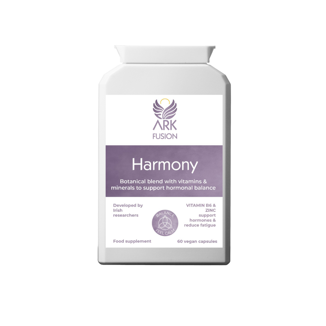 Front-facing image of the Harmony bottle. Label reads: “ARK Fusion – Harmony. Botanical blend with vitamins & minerals to support hormonal balance.” Includes icons stating: Developed by Irish researchers and Vitamin B6 & Zinc support hormones & reduce fatigue. Contains 60 vegan capsules.