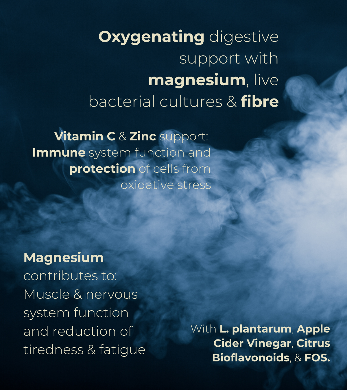 Graphic with smoke effect and bold typography highlighting benefits of oxygenation, muscle function, immune health, and digestive clarity.