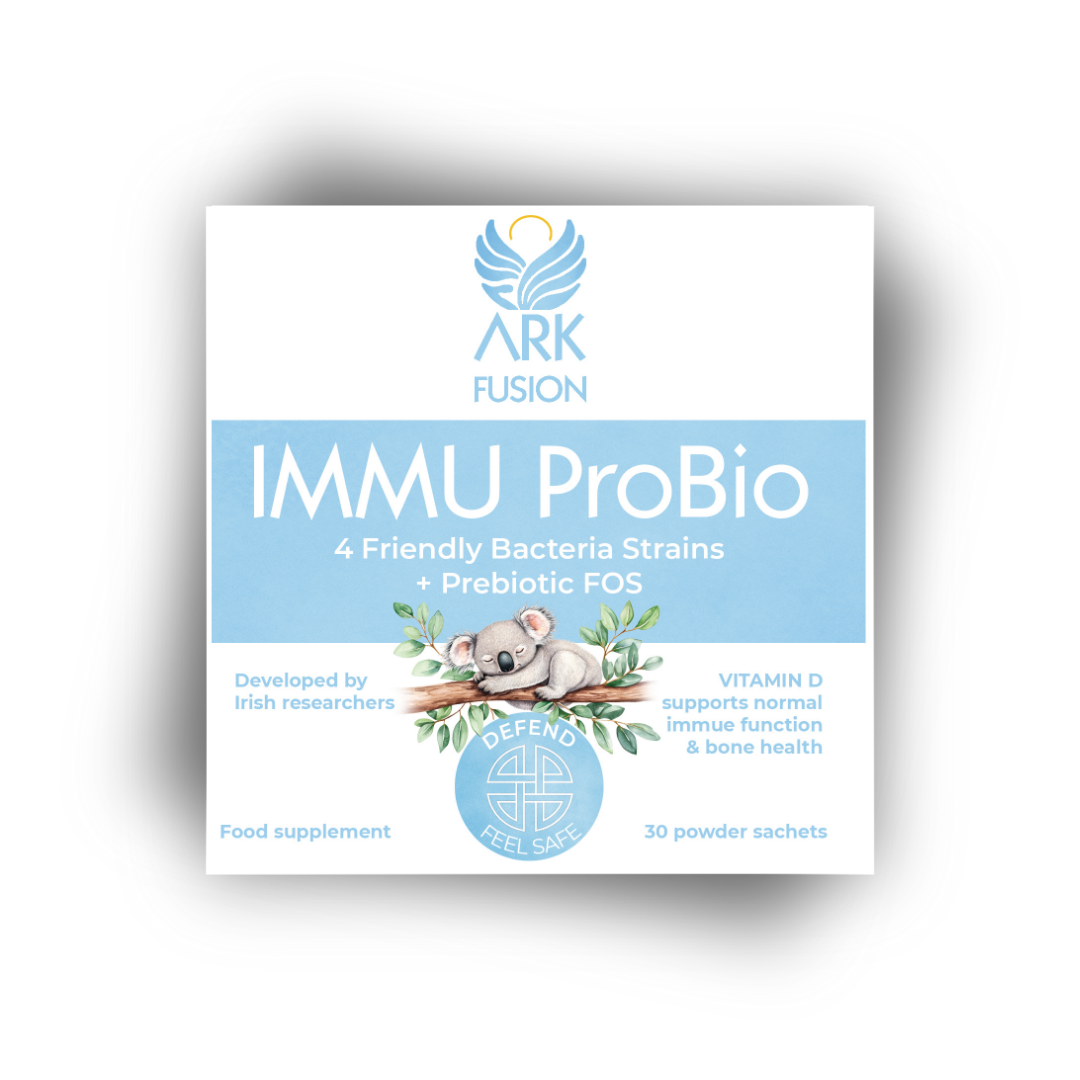 Front of ARK Fusion IMMU ProBio product box featuring a soft blue label, illustrated koala, and branding elements. Highlights four friendly bacteria strains, prebiotic FOS, and immune support with vitamin D.