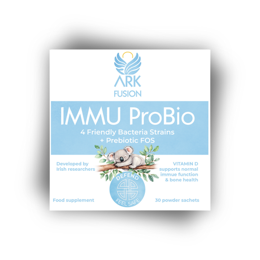 Front of ARK Fusion IMMU ProBio product box featuring a soft blue label, illustrated koala, and branding elements. Highlights four friendly bacteria strains, prebiotic FOS, and immune support with vitamin D.
