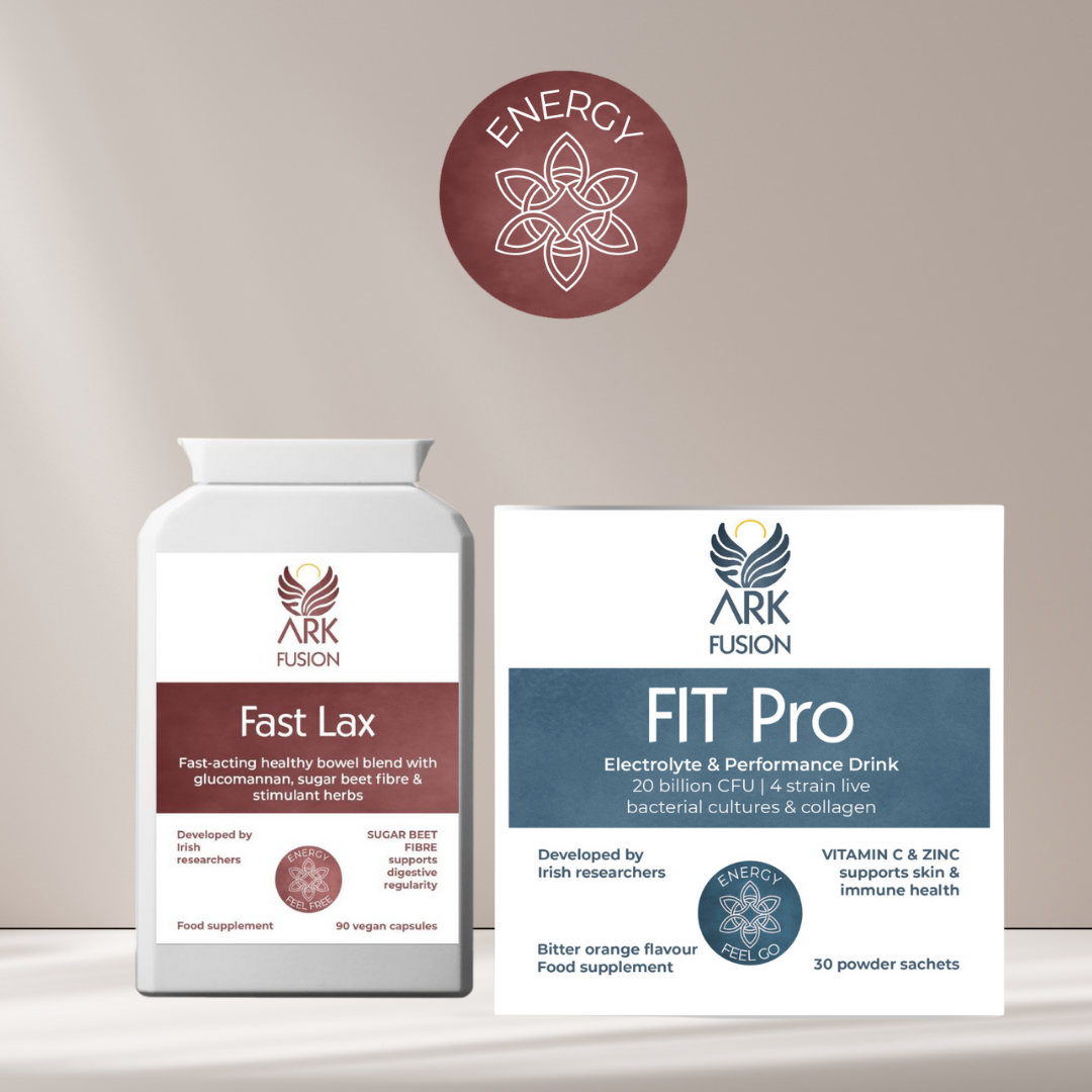A product image featuring two supplement packages from ARK FUSION, one labeled 'Fast Lax' and the other 'FIT Pro', with a badge indicating 'Energy' and a description of the benefits on offer.